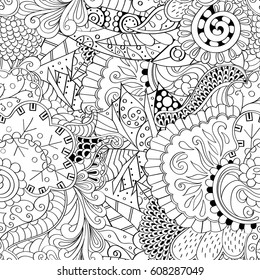 Tracery seamless pattern. Mehndi design. Ethnic monochrome binary doodle texture. Curved doodling black and white background. Vector