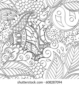Tracery seamless pattern. Mehndi design. Ethnic monochrome binary doodle texture. Curved doodling black and white background. Vector