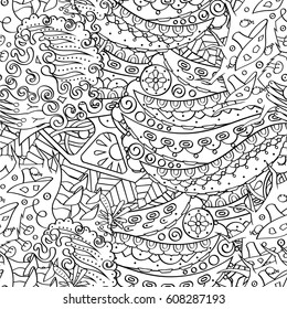 Tracery seamless pattern. Mehndi design. Ethnic monochrome binary doodle texture. Curved doodling black and white background. Vector