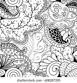 Tracery seamless pattern. Mehndi design. Ethnic monochrome binary doodle texture. Curved doodling black and white background. Vector