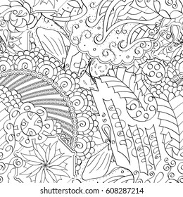 Tracery seamless pattern. Mehndi design. Ethnic monochrome binary doodle texture. Curved doodling black and white background. Vector