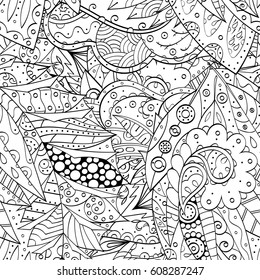 Tracery seamless pattern. Mehndi design. Ethnic monochrome binary doodle texture. Curved doodling black and white background. Vector