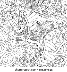 Tracery seamless pattern. Mehndi design. Ethnic monochrome binary doodle texture. Curved doodling black and white background. Vector