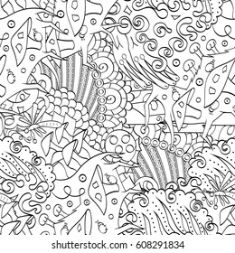 Tracery seamless pattern. Mehndi design. Ethnic monochrome binary doodle texture. Curved doodling black and white background. Vector