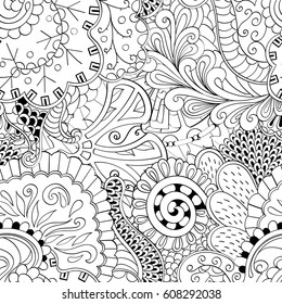 Tracery seamless pattern. Mehndi design. Ethnic monochrome binary doodle texture. Curved doodling black and white background. Vector
