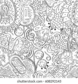 Tracery seamless pattern. Mehndi design. Ethnic monochrome binary doodle texture. Curved doodling black and white background. Vector