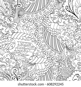 Tracery seamless pattern. Mehndi design. Ethnic monochrome binary doodle texture. Curved doodling black and white background. Vector
