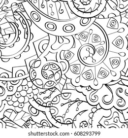 Tracery seamless pattern. Mehndi design. Ethnic monochrome binary doodle texture. Curved doodling black and white background. Vector