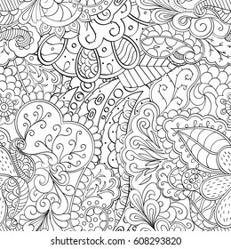 Tracery seamless pattern. Mehndi design. Ethnic monochrome binary doodle texture. Curved doodling black and white background. Vector