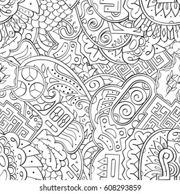 Tracery seamless pattern. Mehndi design. Ethnic monochrome binary doodle texture. Curved doodling black and white background. Vector