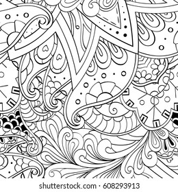 Tracery seamless pattern. Mehndi design. Ethnic monochrome binary doodle texture. Curved doodling black and white background. Vector