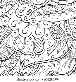 Tracery seamless pattern. Mehndi design. Ethnic monochrome binary doodle texture. Curved doodling black and white background. Vector