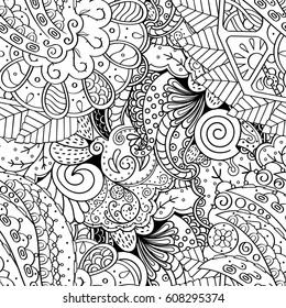 Tracery seamless pattern. Mehndi design. Ethnic monochrome binary doodle texture. Curved doodling black and white background. Vector