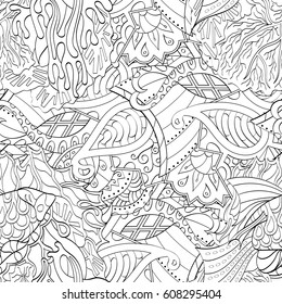 Tracery seamless pattern. Mehndi design. Ethnic monochrome binary doodle texture. Curved doodling black and white background. Vector