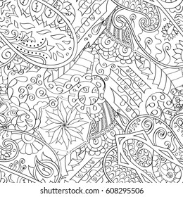 Tracery seamless pattern. Mehndi design. Ethnic monochrome binary doodle texture. Curved doodling black and white background. Vector