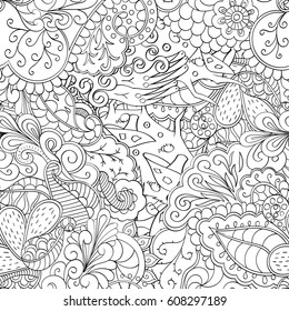 Tracery seamless pattern. Mehndi design. Ethnic monochrome binary doodle texture. Curved doodling black and white background. Vector