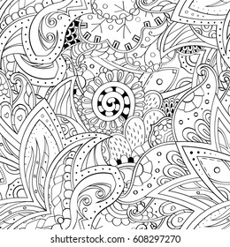 Tracery seamless pattern. Mehndi design. Ethnic monochrome binary doodle texture. Curved doodling black and white background. Vector