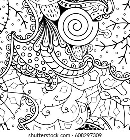 Tracery seamless pattern. Mehndi design. Ethnic monochrome binary doodle texture. Curved doodling black and white background. Vector
