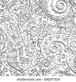 Tracery seamless pattern. Mehndi design. Ethnic monochrome binary doodle texture. Curved doodling black and white background. Vector