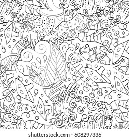 Tracery seamless pattern. Mehndi design. Ethnic monochrome binary doodle texture. Curved doodling black and white background. Vector