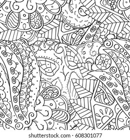 Tracery seamless pattern. Mehndi design. Ethnic monochrome binary doodle texture. Curved doodling black and white background. Vector
