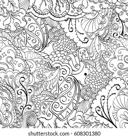 Tracery seamless pattern. Mehndi design. Ethnic monochrome binary doodle texture. Curved doodling black and white background. Vector
