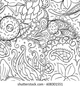 Tracery seamless pattern. Mehndi design. Ethnic monochrome binary doodle texture. Curved doodling black and white background. Vector