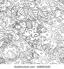 Tracery seamless pattern. Mehndi design. Ethnic monochrome binary doodle texture. Curved doodling black and white background. Vector