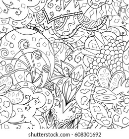 Tracery seamless pattern. Mehndi design. Ethnic monochrome binary doodle texture. Curved doodling black and white background. Vector