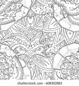 Tracery seamless pattern. Mehndi design. Ethnic monochrome binary doodle texture. Curved doodling black and white background. Vector