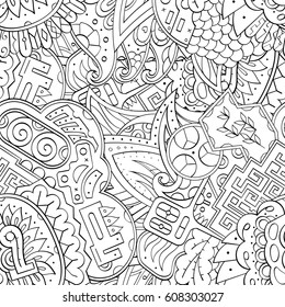 Tracery seamless pattern. Mehndi design. Ethnic monochrome binary doodle texture. Curved doodling black and white background. Vector