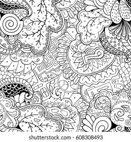 Tracery seamless pattern. Mehndi design. Ethnic monochrome binary doodle texture. Curved doodling black and white background. Vector
