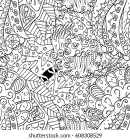 Tracery seamless pattern. Mehndi design. Ethnic monochrome binary doodle texture. Curved doodling black and white background. Vector