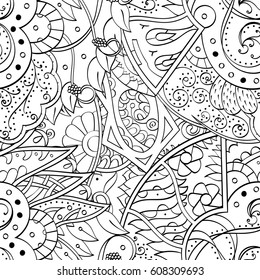 Tracery seamless pattern. Mehndi design. Ethnic monochrome binary doodle texture. Curved doodling black and white background. Vector