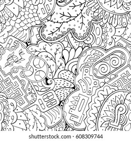 Tracery seamless pattern. Mehndi design. Ethnic monochrome binary doodle texture. Curved doodling black and white background. Vector