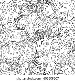 Tracery seamless pattern. Mehndi design. Ethnic monochrome binary doodle texture. Curved doodling black and white background. Vector