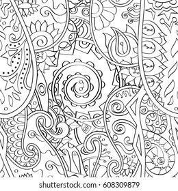 Tracery seamless pattern. Mehndi design. Ethnic monochrome binary doodle texture. Curved doodling black and white background. Vector