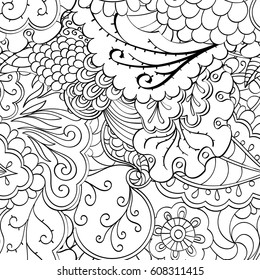 Tracery seamless pattern. Mehndi design. Ethnic monochrome binary doodle texture. Curved doodling black and white background. Vector