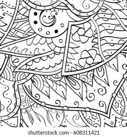 Tracery seamless pattern. Mehndi design. Ethnic monochrome binary doodle texture. Curved doodling black and white background. Vector