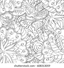 Tracery seamless pattern. Mehndi design. Ethnic monochrome binary doodle texture. Curved doodling black and white background. Vector