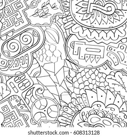 Tracery seamless pattern. Mehndi design. Ethnic monochrome binary doodle texture. Curved doodling black and white background. Vector