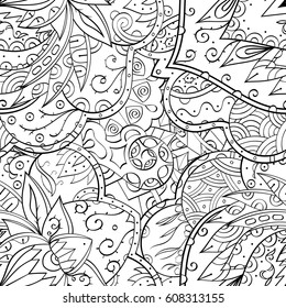 Tracery seamless pattern. Mehndi design. Ethnic monochrome binary doodle texture. Curved doodling black and white background. Vector