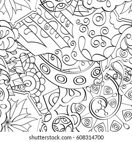 Tracery seamless pattern. Mehndi design. Ethnic monochrome binary doodle texture. Curved doodling black and white background. Vector