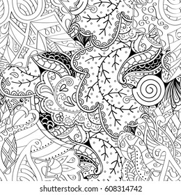 Tracery seamless pattern. Mehndi design. Ethnic monochrome binary doodle texture. Curved doodling black and white background. Vector