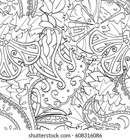 Tracery seamless pattern. Mehndi design. Ethnic monochrome binary doodle texture. Curved doodling black and white background. Vector