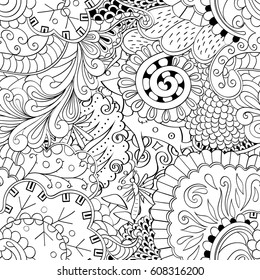 Tracery seamless pattern. Mehndi design. Ethnic monochrome binary doodle texture. Curved doodling black and white background. Vector