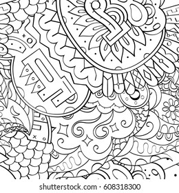 Tracery seamless pattern. Mehndi design. Ethnic monochrome binary doodle texture. Curved doodling black and white background. Vector