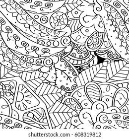 Tracery seamless pattern. Mehndi design. Ethnic monochrome binary doodle texture. Curved doodling black and white background. Vector