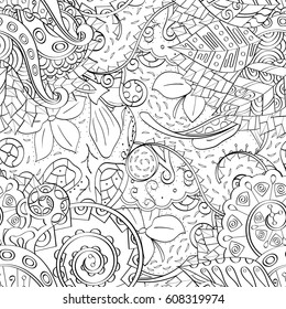 Tracery seamless pattern. Mehndi design. Ethnic monochrome binary doodle texture. Curved doodling black and white background. Vector