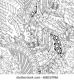 Tracery seamless pattern. Mehndi design. Ethnic monochrome binary doodle texture. Curved doodling black and white background. Vector